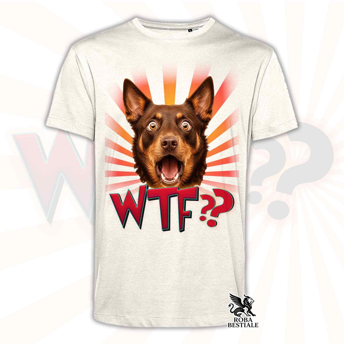 T-shirt beige stampata con un Australian Kelpie rosso focato con espressione sorpresa. Grafica originale Roba Bestiale, collezione WTF??