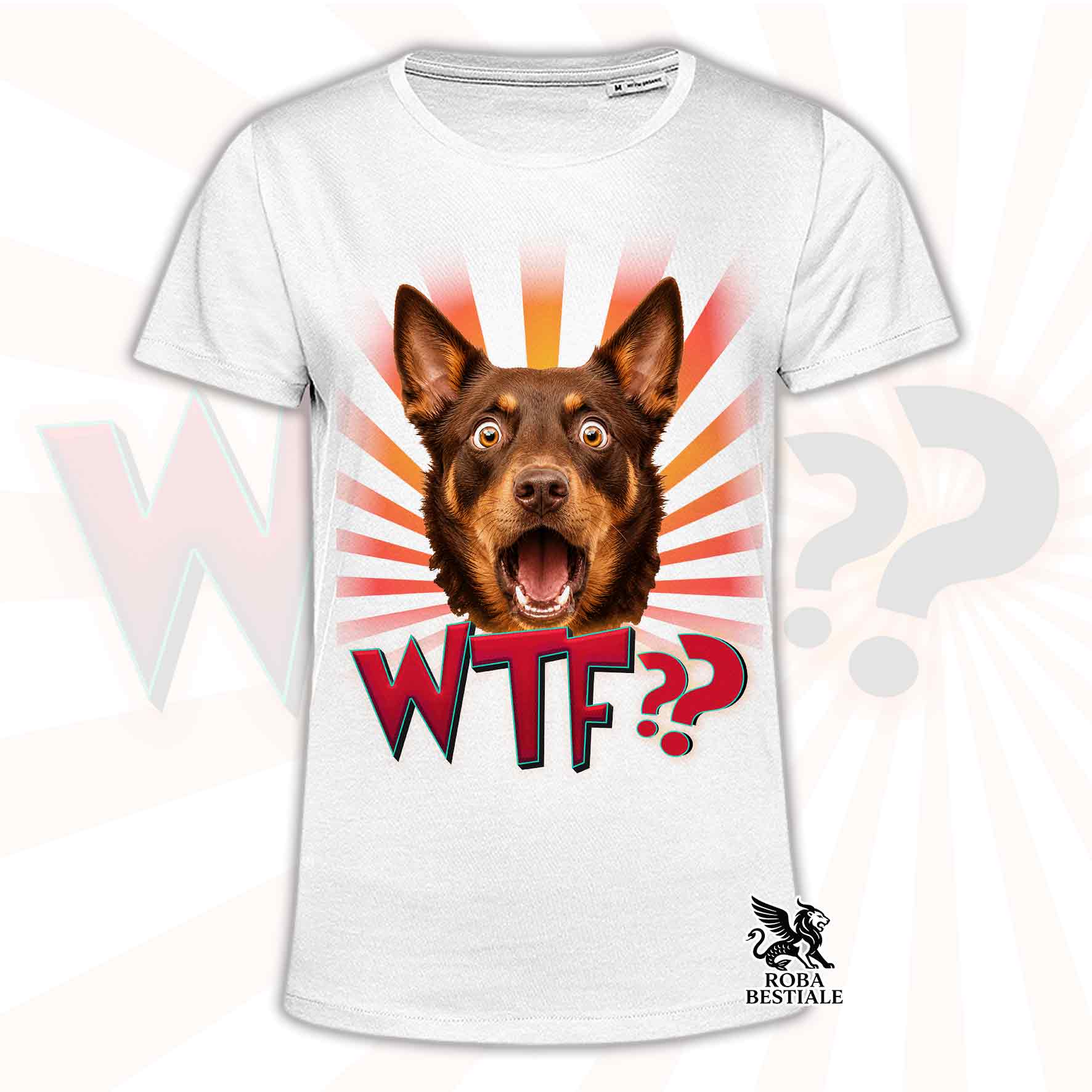 T-shirt bianca stampata con un Australian Kelpie rosso focato con espressione sorpresa. Grafica originale Roba Bestiale, collezione WTF??