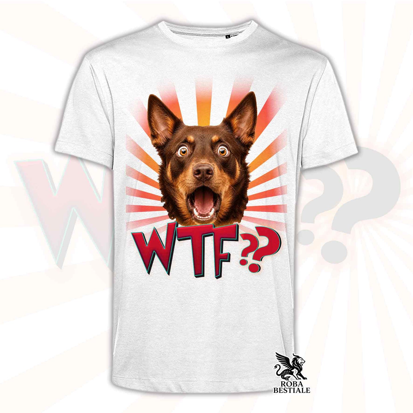 T-shirt bianca stampata con un Australian Kelpie rosso focato con espressione sorpresa. Grafica originale Roba Bestiale, collezione WTF??