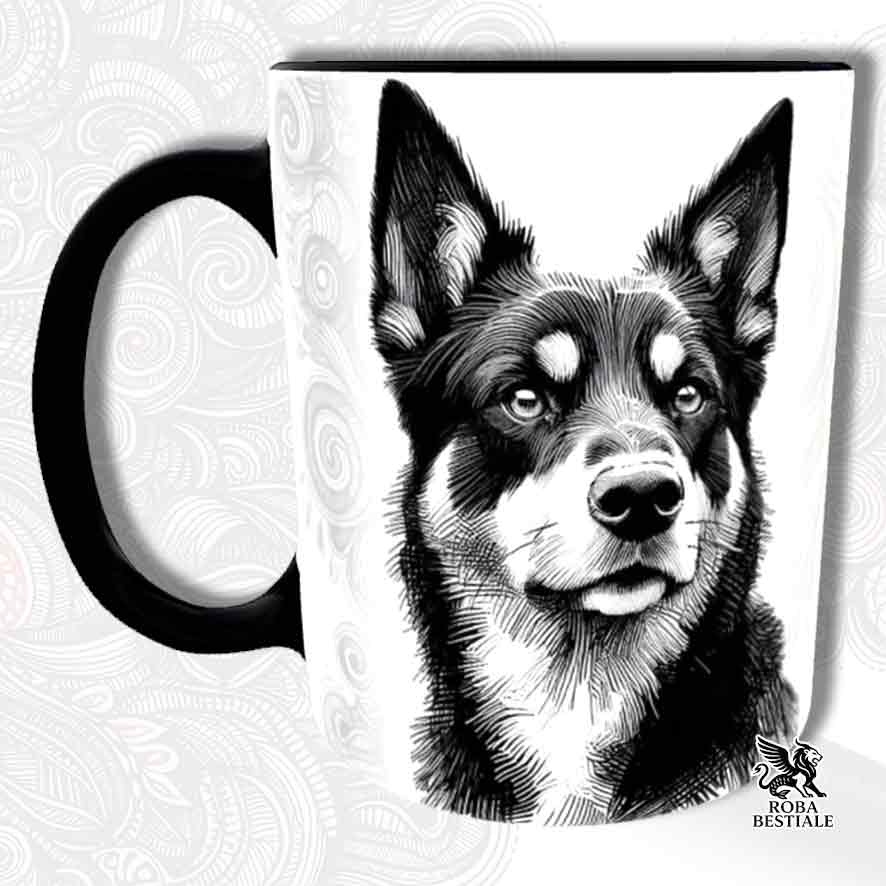 Tazza bianca con dettagli neri, stampata con un Australian Kelpie, grafica Doodle