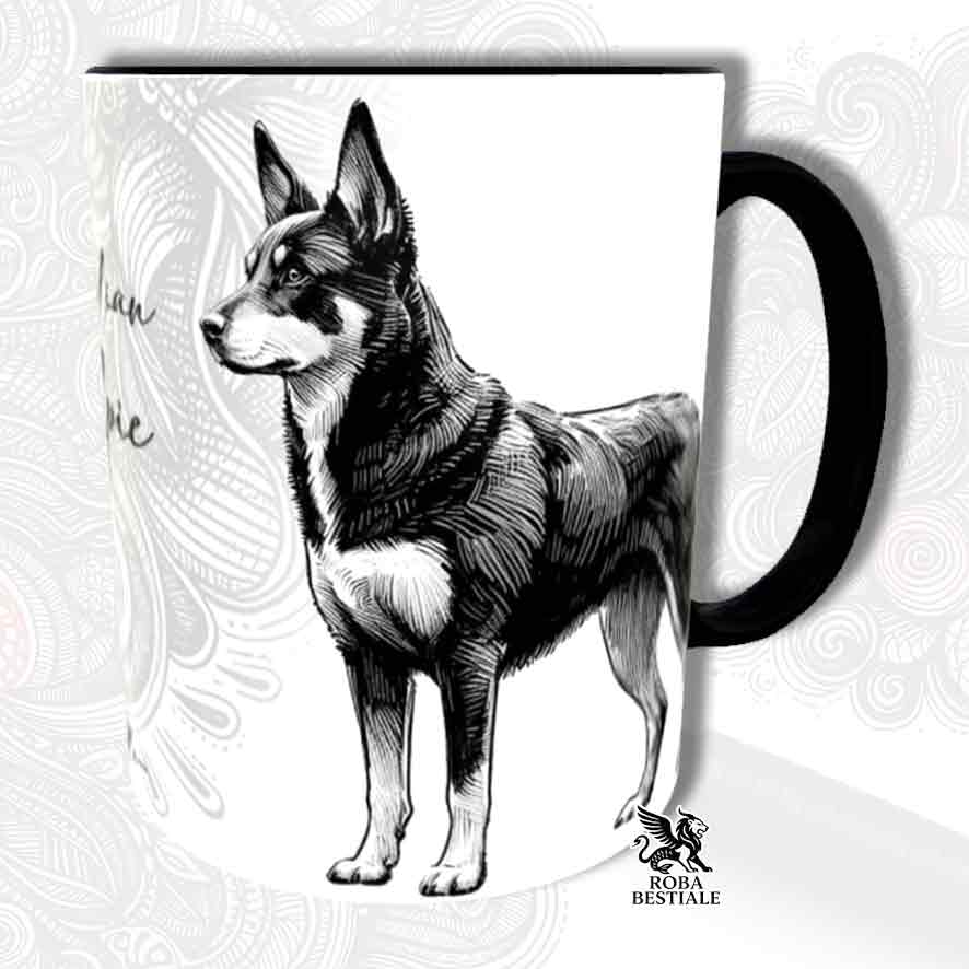 Tazza bianca con dettagli neri, stampata con un Australian Kelpie, grafica Doodle