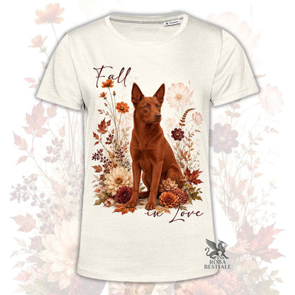 T-shirt beige stampata con un Australian Kelpie seduto in mezzo a fiori e foglie autunnali. Grafica originale Roba Bestiale, collezione Fall
