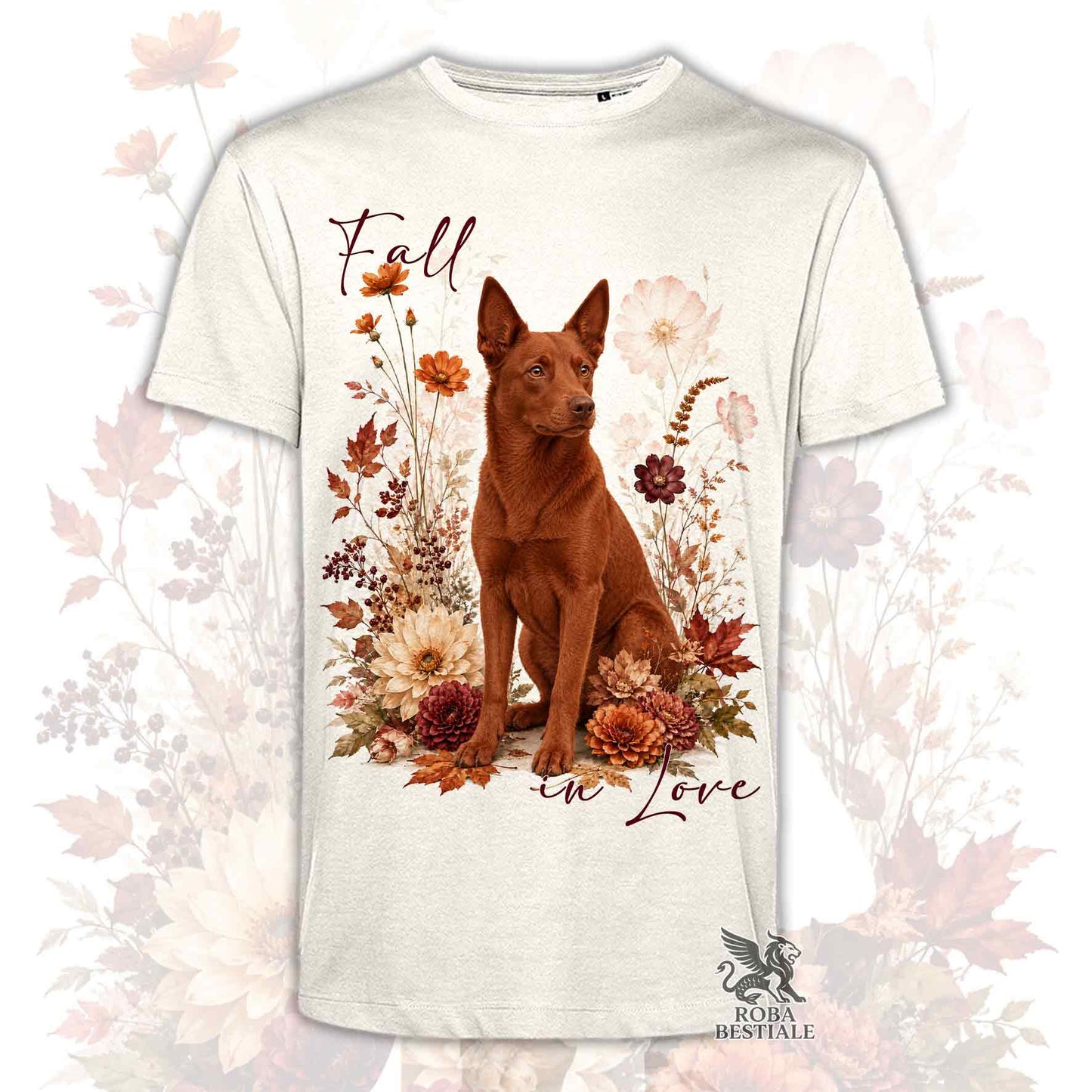 T-shirt beige stampata con un Australian Kelpie seduto in mezzo a fiori e foglie autunnali. Grafica originale Roba Bestiale, collezione Fall