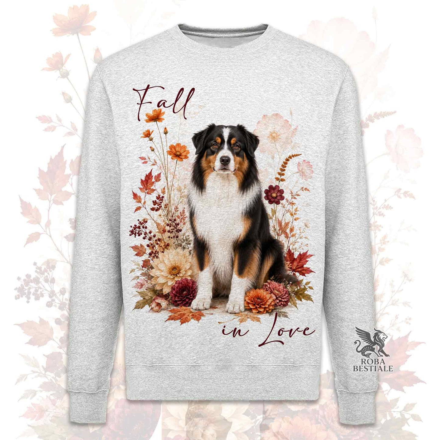 Felpa girocollo grigia stampata con un Australian Shepherd seduto in mezzo a fiori e foglie autunnali. Grafica originale Roba Bestiale, collezione Fall in Love