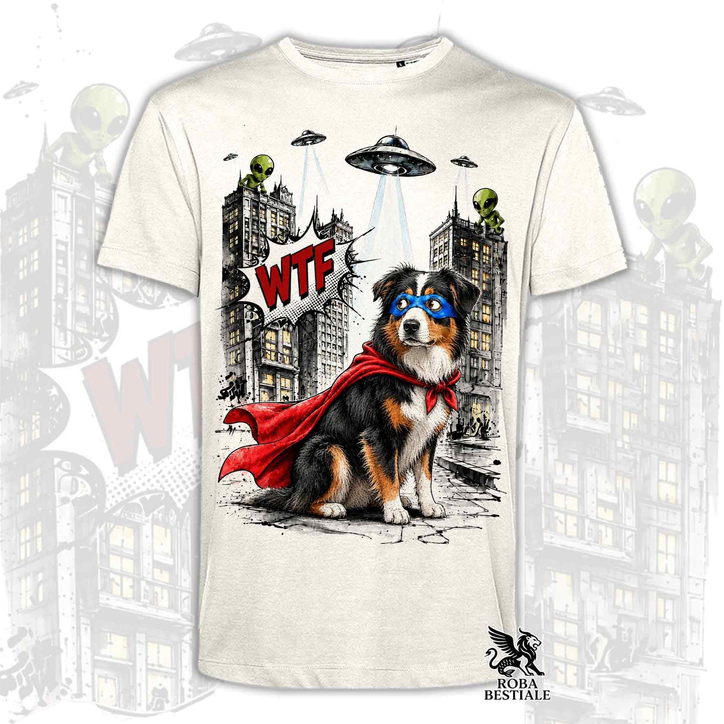 T-shirt beige stampata con un Australian Shepherd con espressione sorpresa, vestito da Super Eroe. Grafica originale Roba Bestiale, collezione Hero