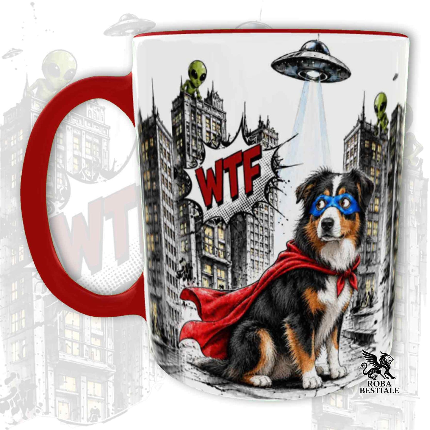 Tazza rossa stampata con un Australian Shepherd con espressione sorpresa, vestito da Super Eroe. Grafica originale Roba Bestiale, collezione Hero