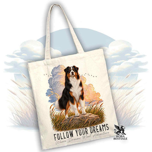 Shopping bag in cotone bianca con stampa di cane Australian Shepherd e scritta