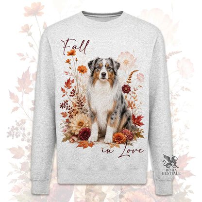 Felpa girocollo grigia stampata con un Australian Kelpie seduto in mezzo a fiori e foglie autunnali. Grafica originale Roba Bestiale, collezione Fall in Love