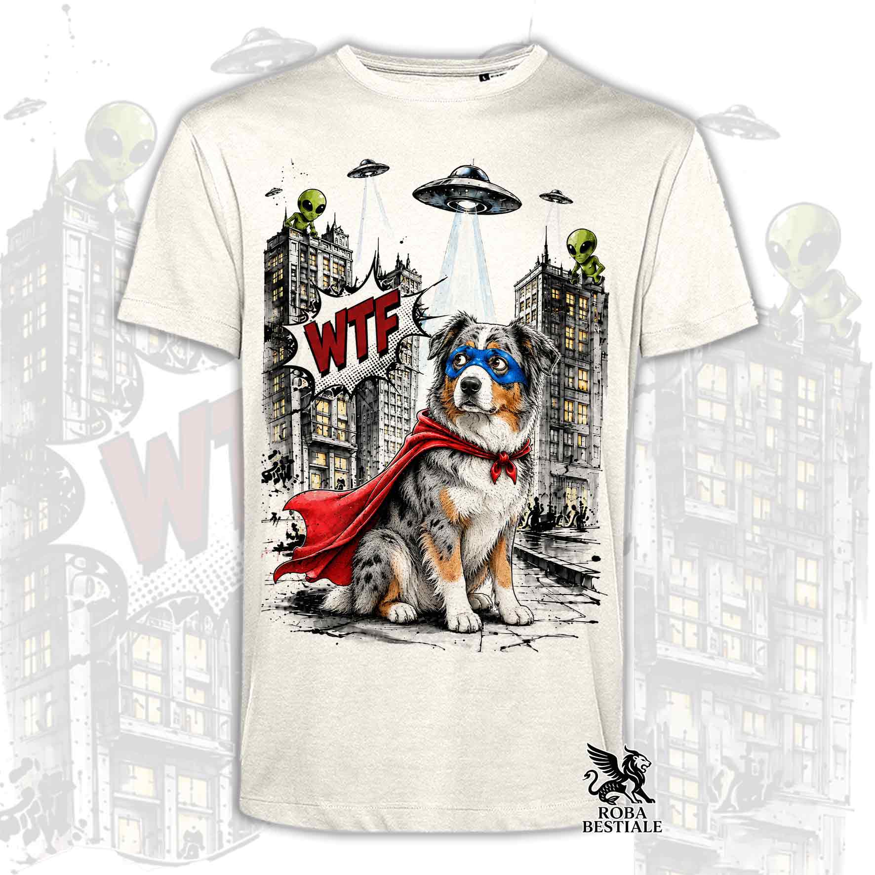 T-shirt beige stampata con un Australian Shepherd con espressione sorpresa, vestito da Super Eroe. Grafica originale Roba Bestiale, collezione Hero