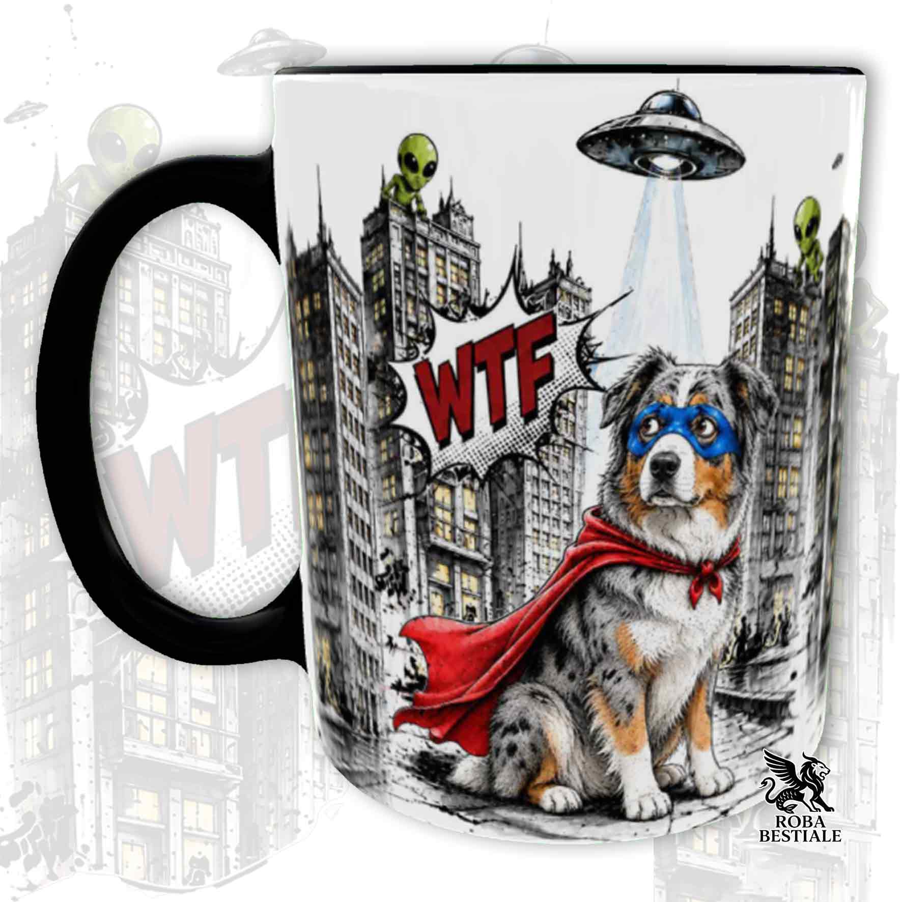Tazza nero stampata con un Australian Shepherd con espressione sorpresa, vestito da Super Eroe. Grafica originale Roba Bestiale, collezione Hero