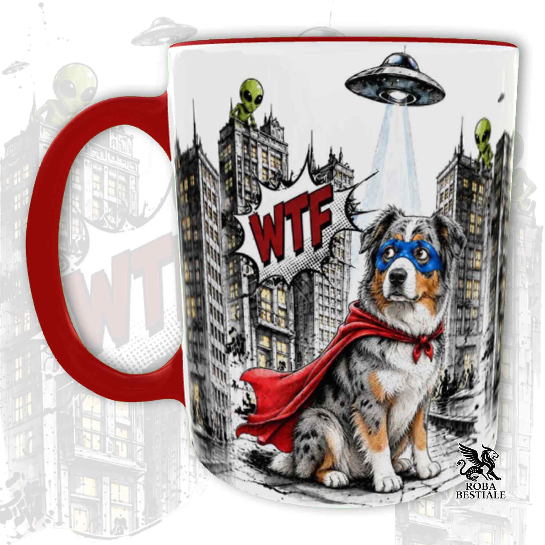 Tazza rossa stampata con un Australian Shepherd con espressione sorpresa, vestito da Super Eroe. Grafica originale Roba Bestiale, collezione Hero