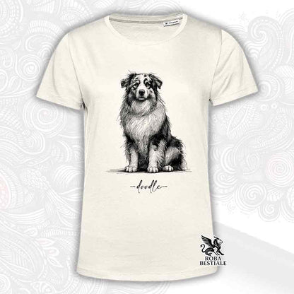 T-shirt beige stampata con un Australian Shepherd, grafica Doodle