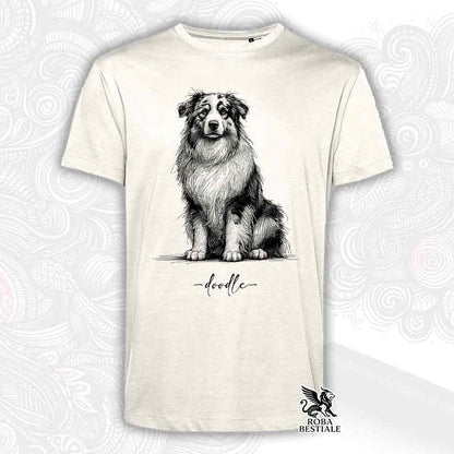 T-shirt beige stampata con un Australian Shepherd, grafica Doodle