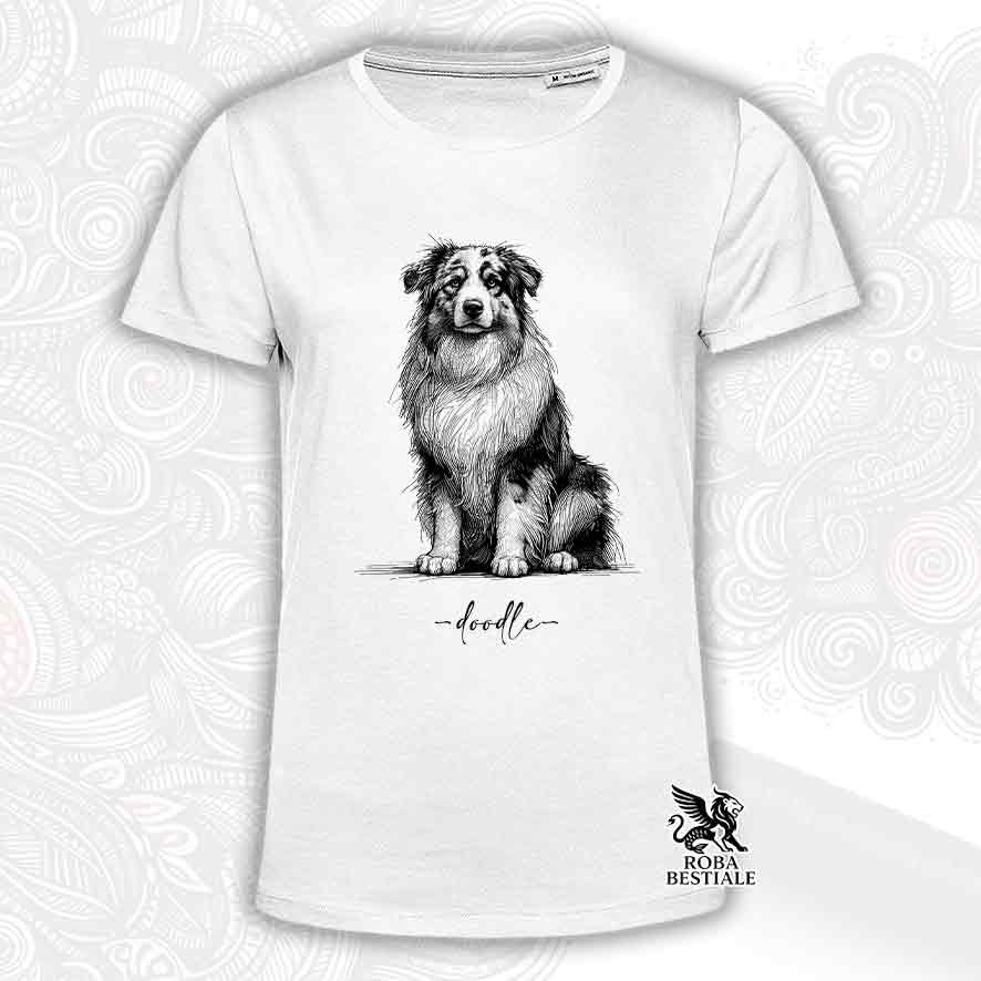 T-shirt bianca stampata con un Australian Shepherd, grafica Doodle