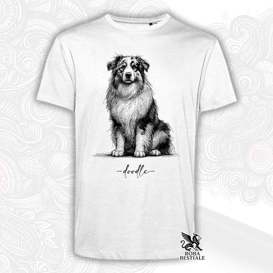 T-shirt bianca stampata con un Australian Shepherd, grafica Doodle
