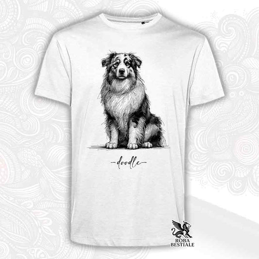 T-shirt bianca stampata con un Australian Shepherd, grafica Doodle