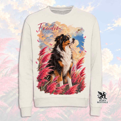 Felpa girocollo bianca con stampa cane e scritta Freedom, maniche lunghe