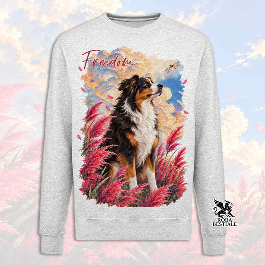 Felpa girocollo grigio chiaro con stampa cane e scritta Freedom, maniche lunghe