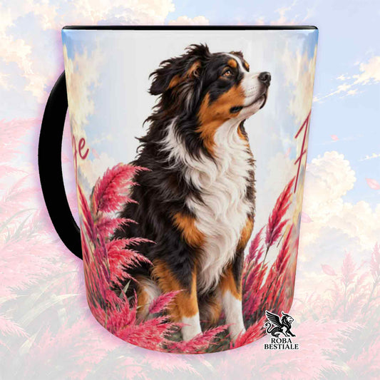 Tazza in ceramica con manico, cane pastore tricolore nero e fiori rosa rossi
