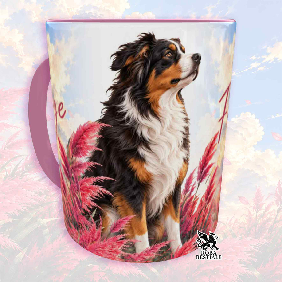 Tazza in ceramica con cane pastore tricolore nero e fiori rosa rossi