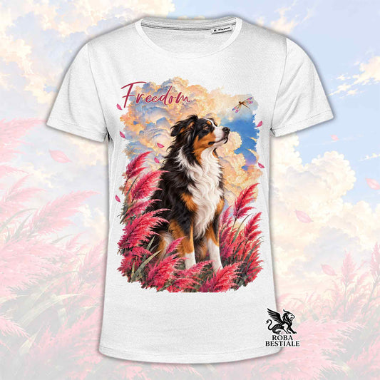 Maglietta bianca con pastore australiano tricolor, Freedom e logo Roba Bestiale