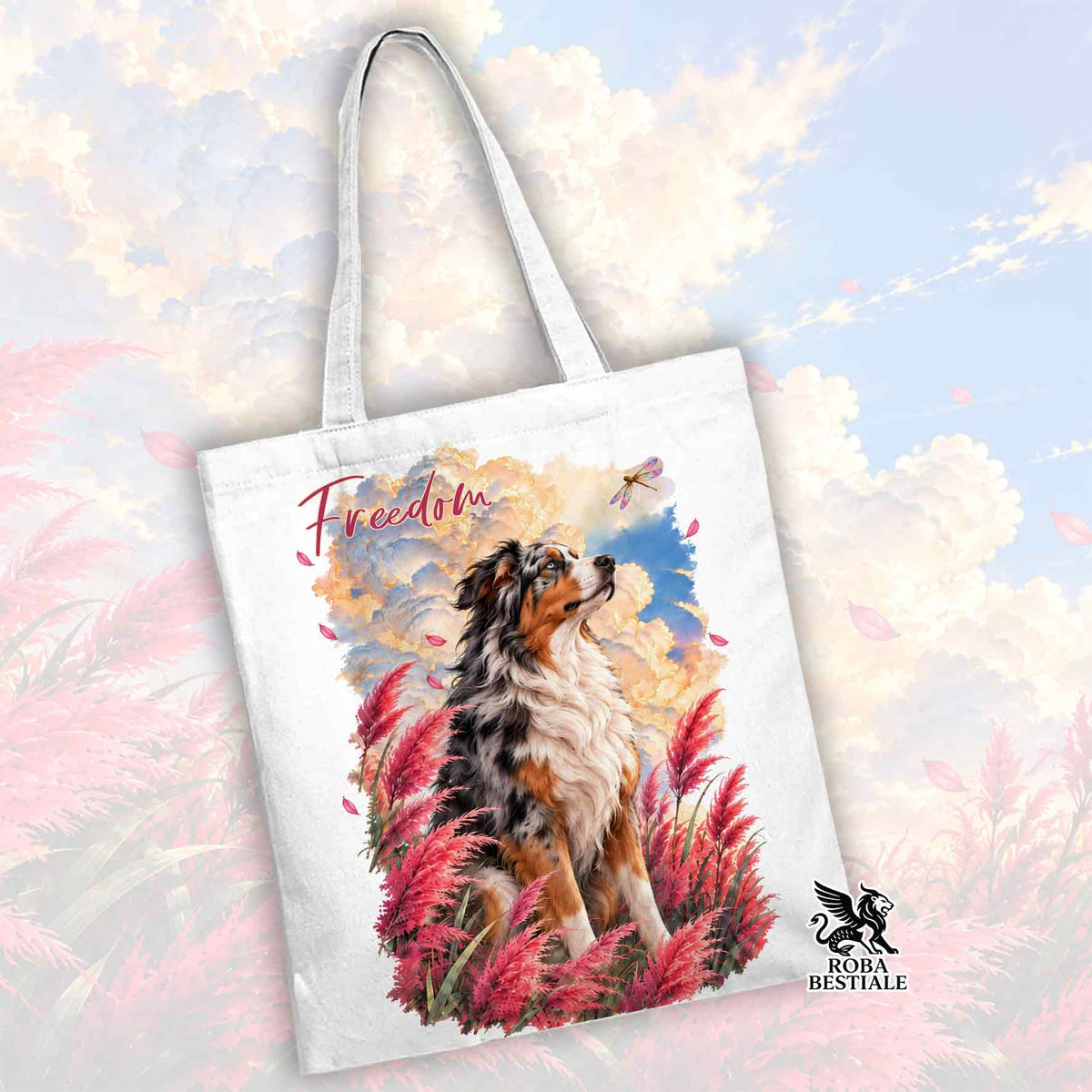 Borsa tote bianca con stampa cane e piume, scritta Freedom, logo