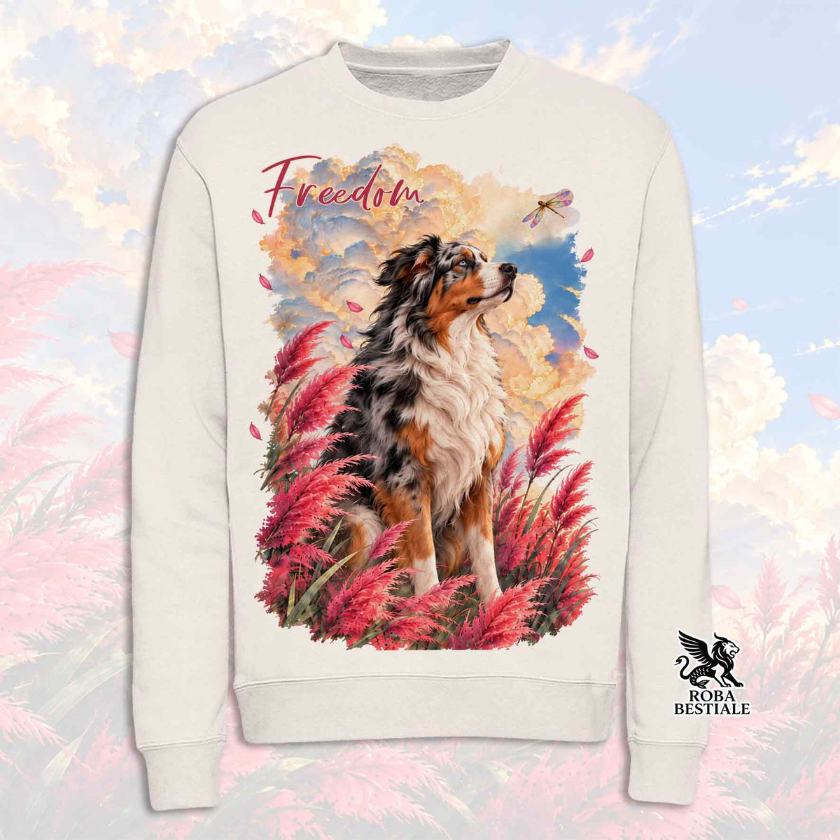 Felpa girocollo bianca con stampa cane e scritta Freedom