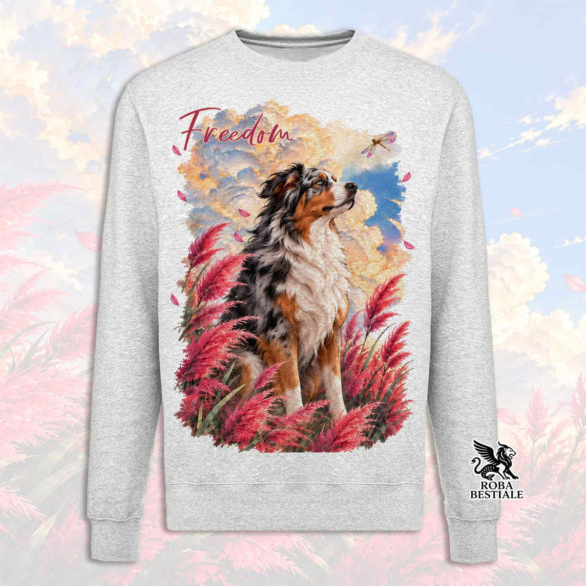 Felpa girocollo grigio melange con stampa cane e scritta Freedom