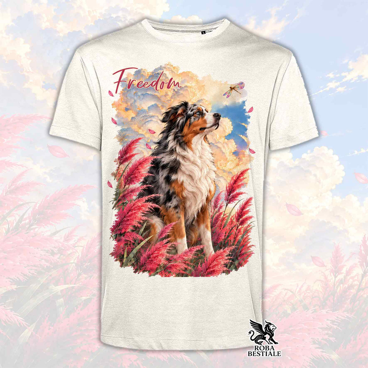 T-shirt bianca con grande stampa di cane e scritta Freedom sul petto