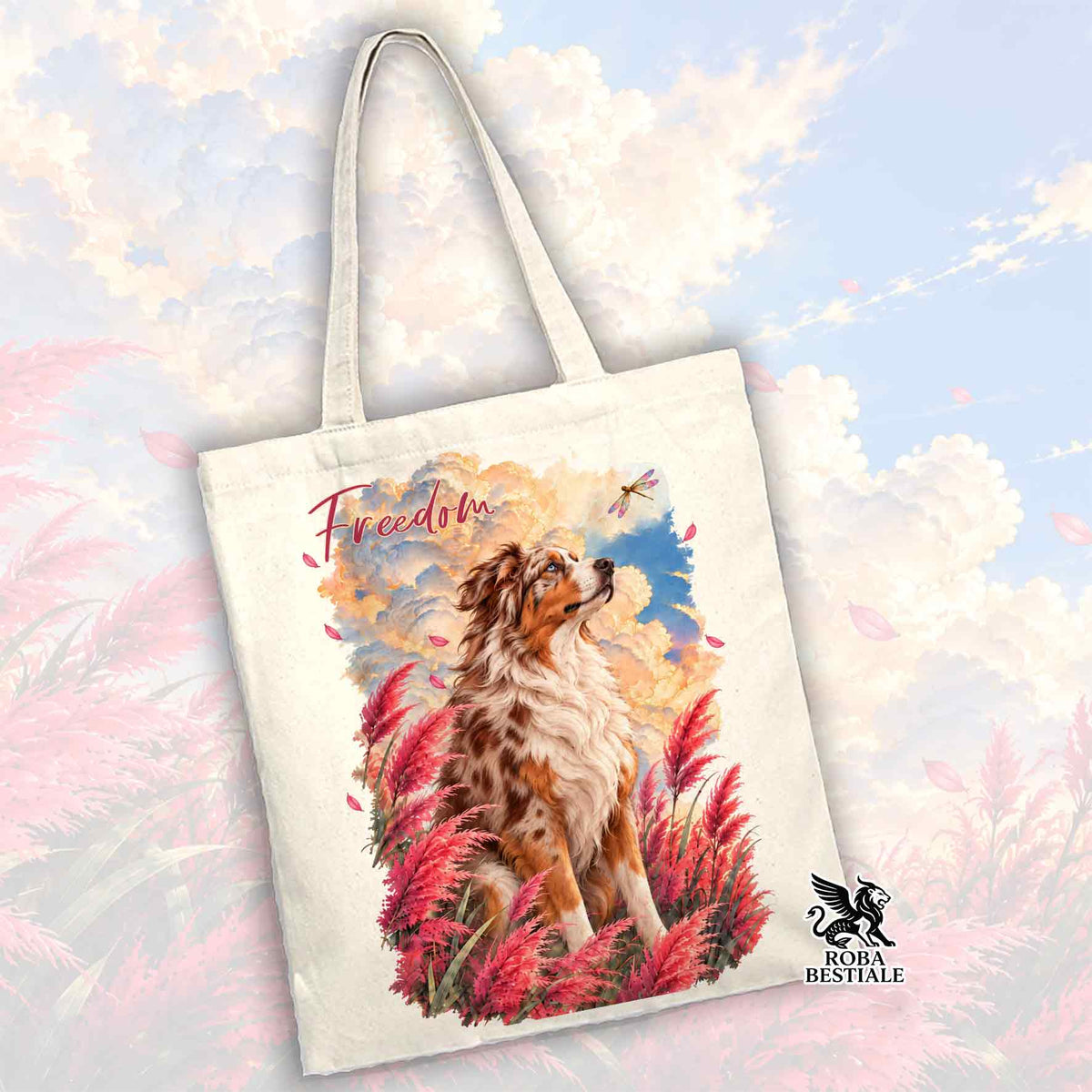 Borsa shopper in tela bianca con stampa cane Australian Shepherd e scritta Freedom