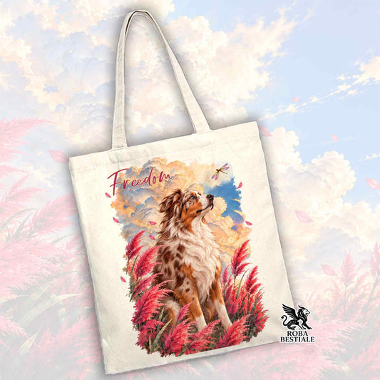 Borsa shopper in tela bianca con stampa cane Australian Shepherd e scritta Freedom