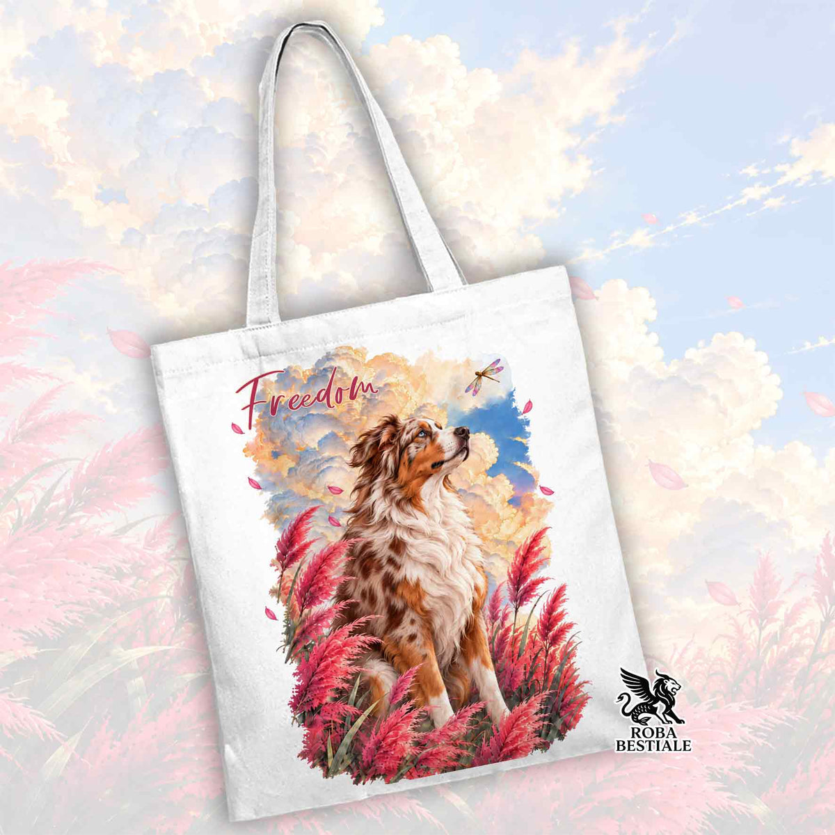 Borsa shopper in tela bianca con stampa cane Australian Shepherd e scritta Freedom