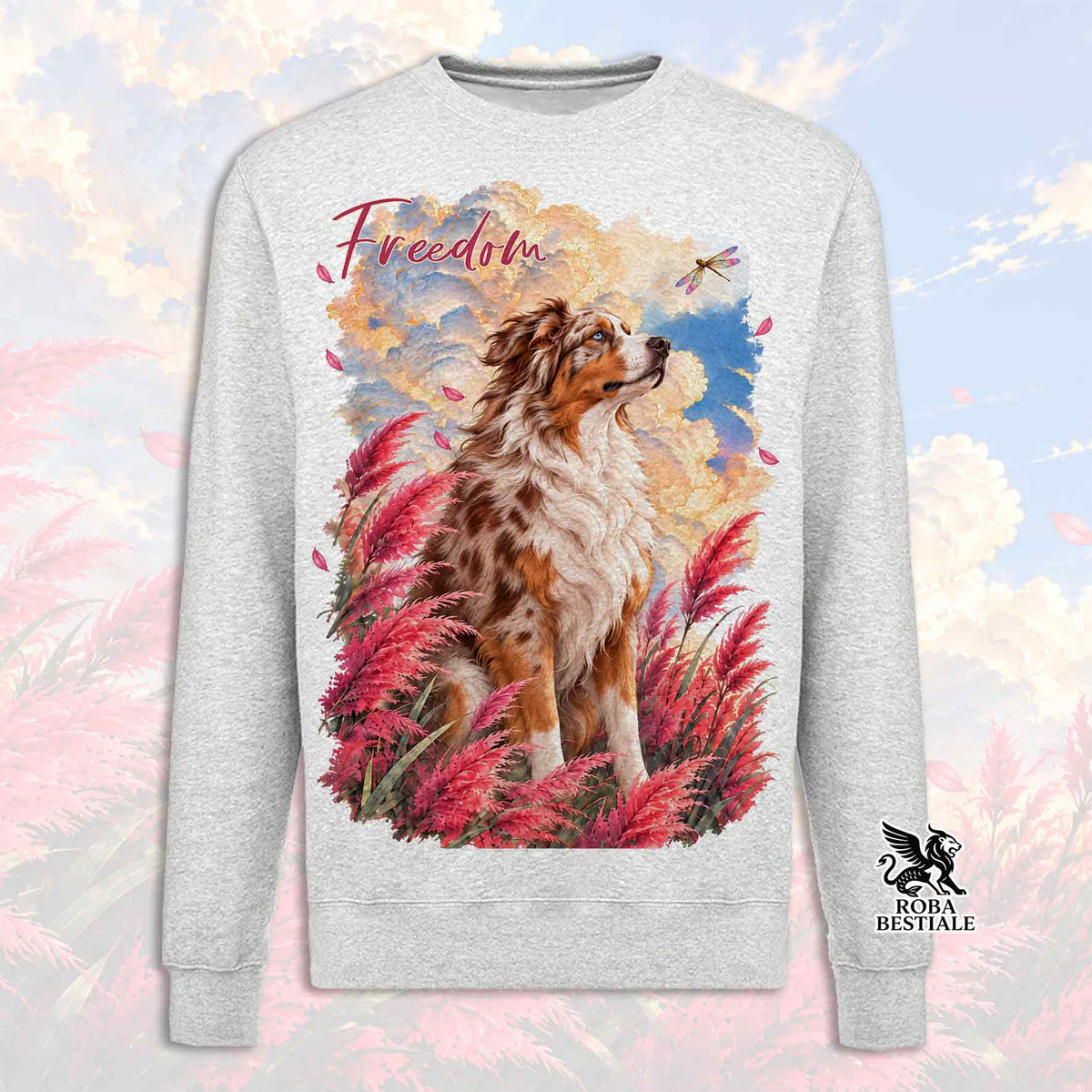 Felpa girocollo grigio melange con stampa cane e scritta Freedom