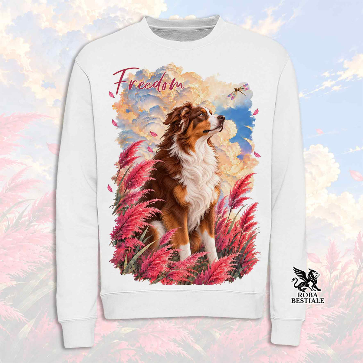 Felpa girocollo bianca con stampa cane multicolore, logo laterale e scritta Freedom.