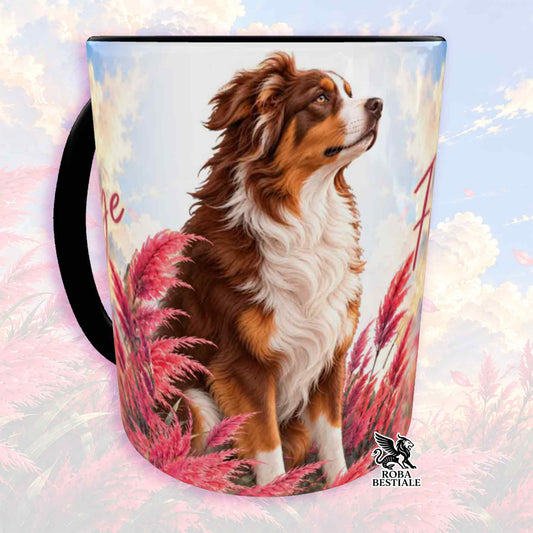 Tazza con cane tricolore rosso, foglie rosa e manico nero