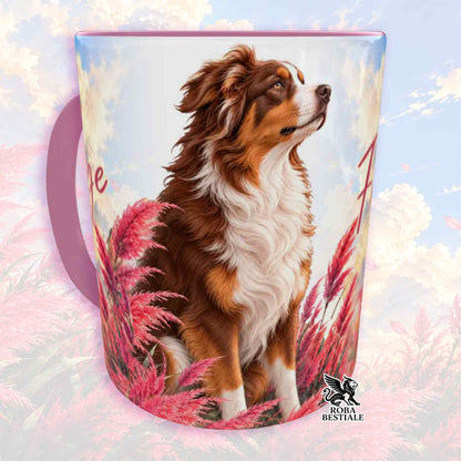 Tazza con cane tricolore rosso e foglie rosa, manico scuro