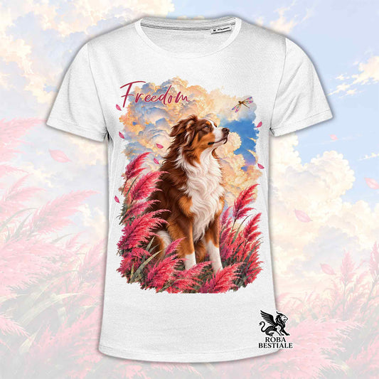 T-shirt bianca con stampa cane tricolore e logo Roba Bestiale sul fondo