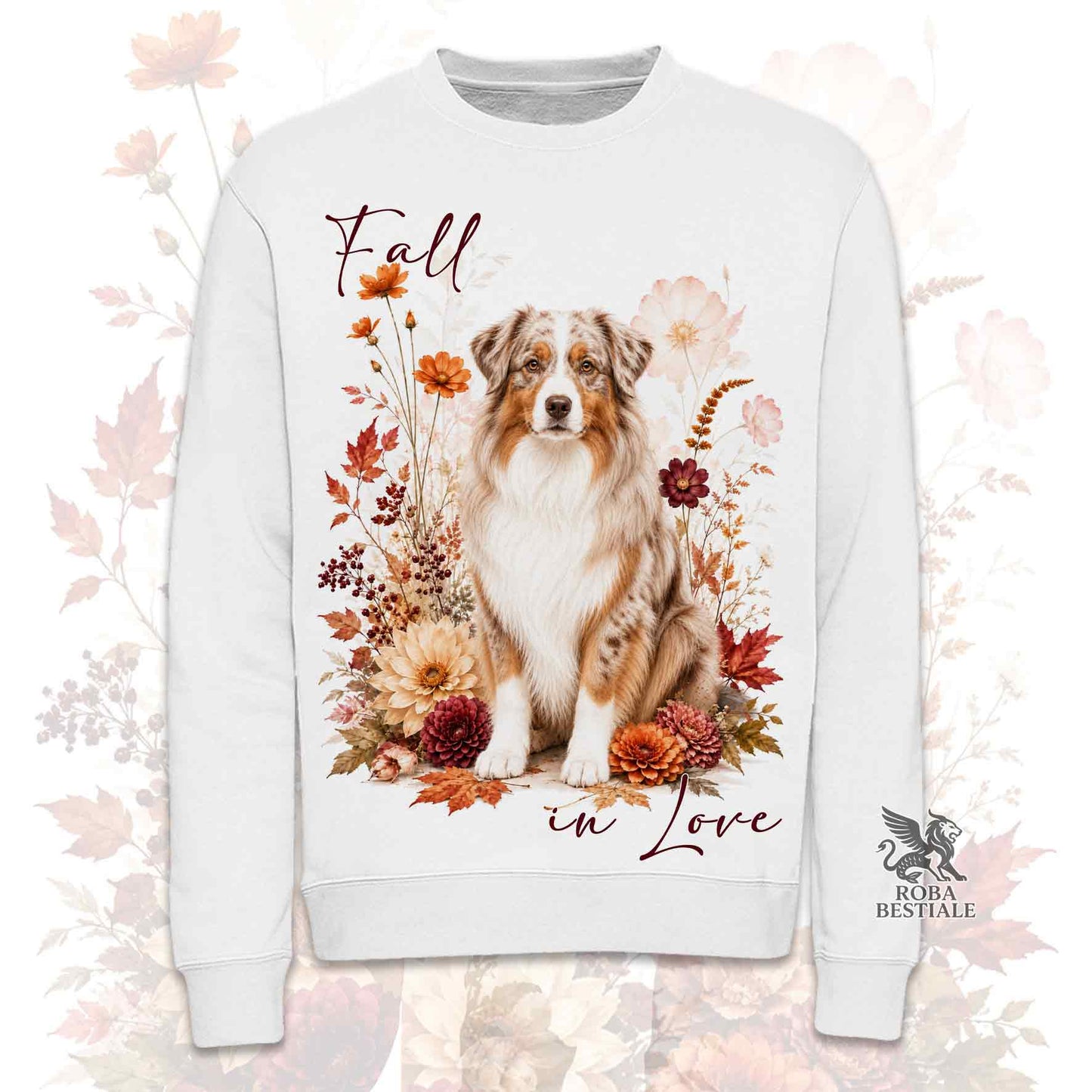 Felpa girocollo bianca stampata con un Australian Shepherd seduto in mezzo a fiori e foglie autunnali. Grafica originale Roba Bestiale, collezione Fall in Love