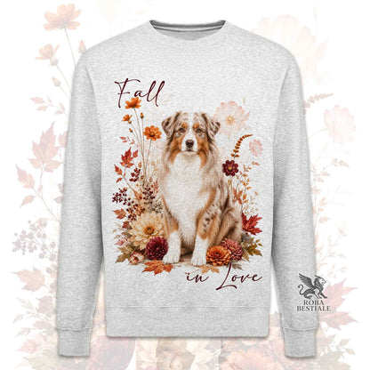 Felpa girocollo grigia stampata con un Australian Shepherd seduto in mezzo a fiori e foglie autunnali. Grafica originale Roba Bestiale, collezione Fall in Love