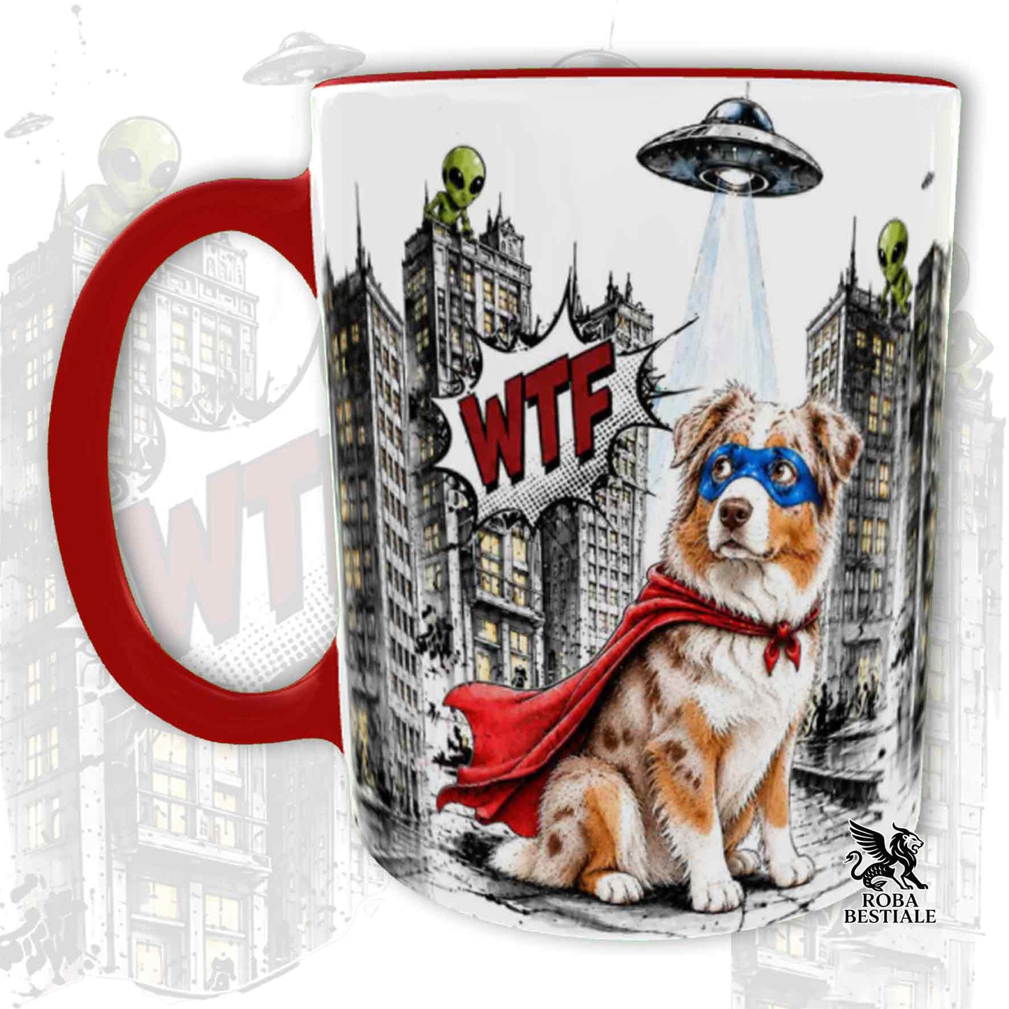 Tazza rossa stampata con un Australian Shepherd con espressione sorpresa, vestito da Super Eroe. Grafica originale Roba Bestiale, collezione Hero