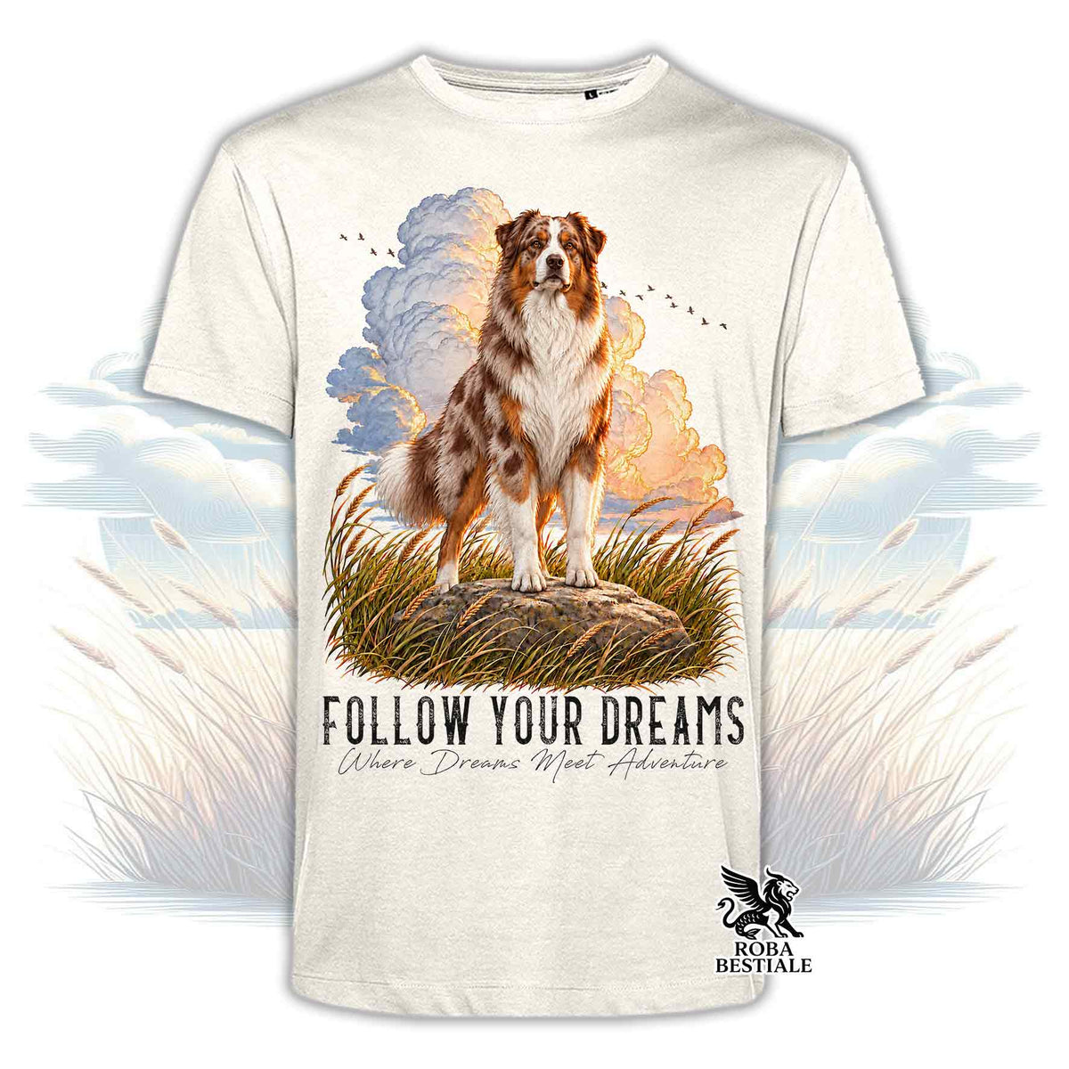 T-shirt beige stampata con un Australian Shepherd. Grafica originale Roba Bestiale, collezione Dream