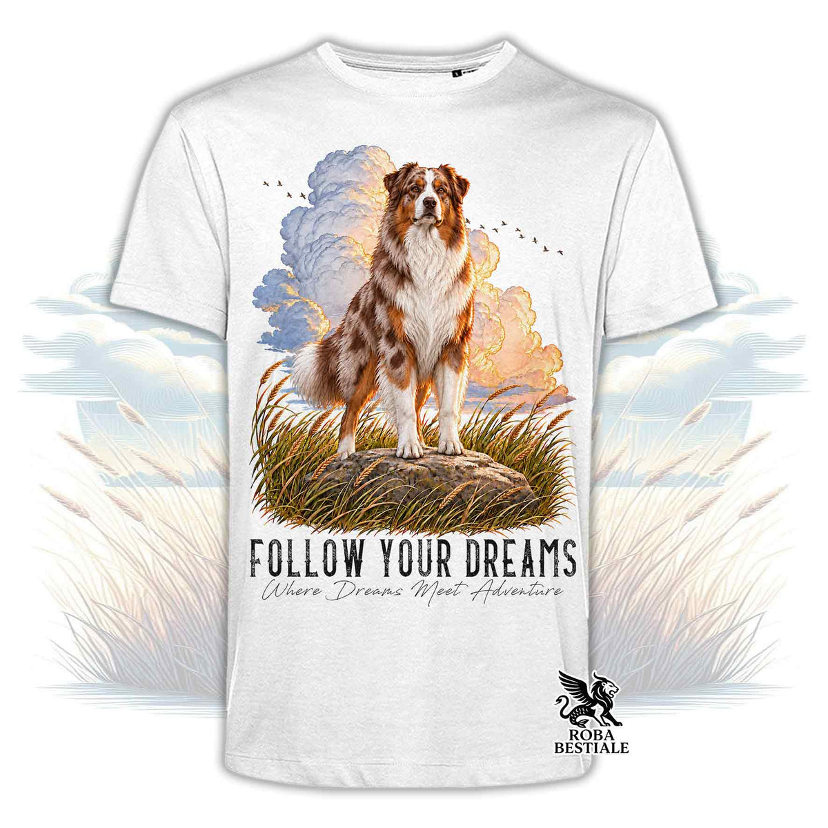 T-shirt bianca stampata con un Australian Shepherd. Grafica originale Roba Bestiale, collezione Dream