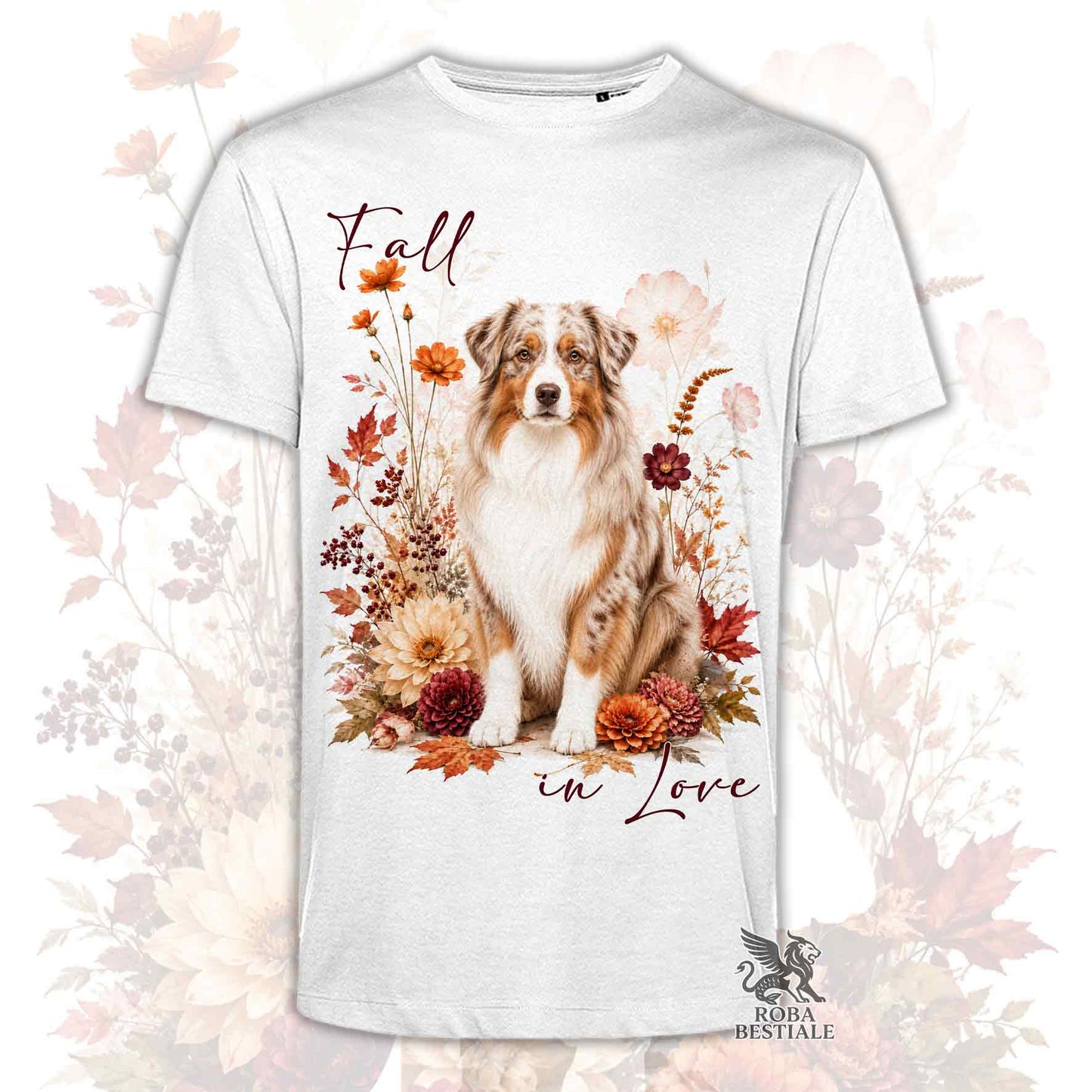 T-shirt bianca stampata con un Australian Shepherd seduto in mezzo a fiori e foglie autunnali. Grafica originale Roba Bestiale, collezione Fall in Love