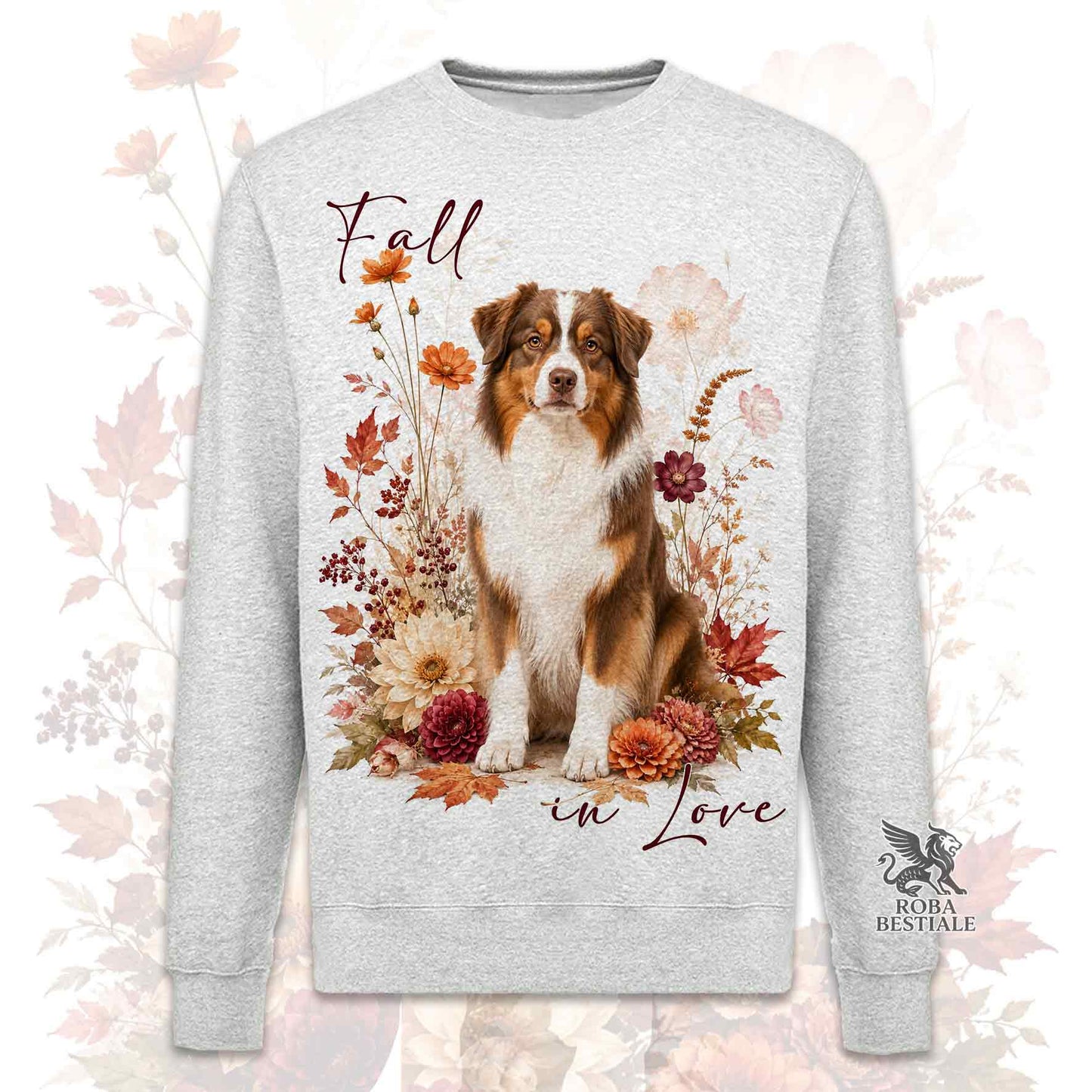Felpa girocollo grigia stampata con un Australian Shepherd seduto in mezzo a fiori e foglie autunnali. Grafica originale Roba Bestiale, collezione Fall in Love