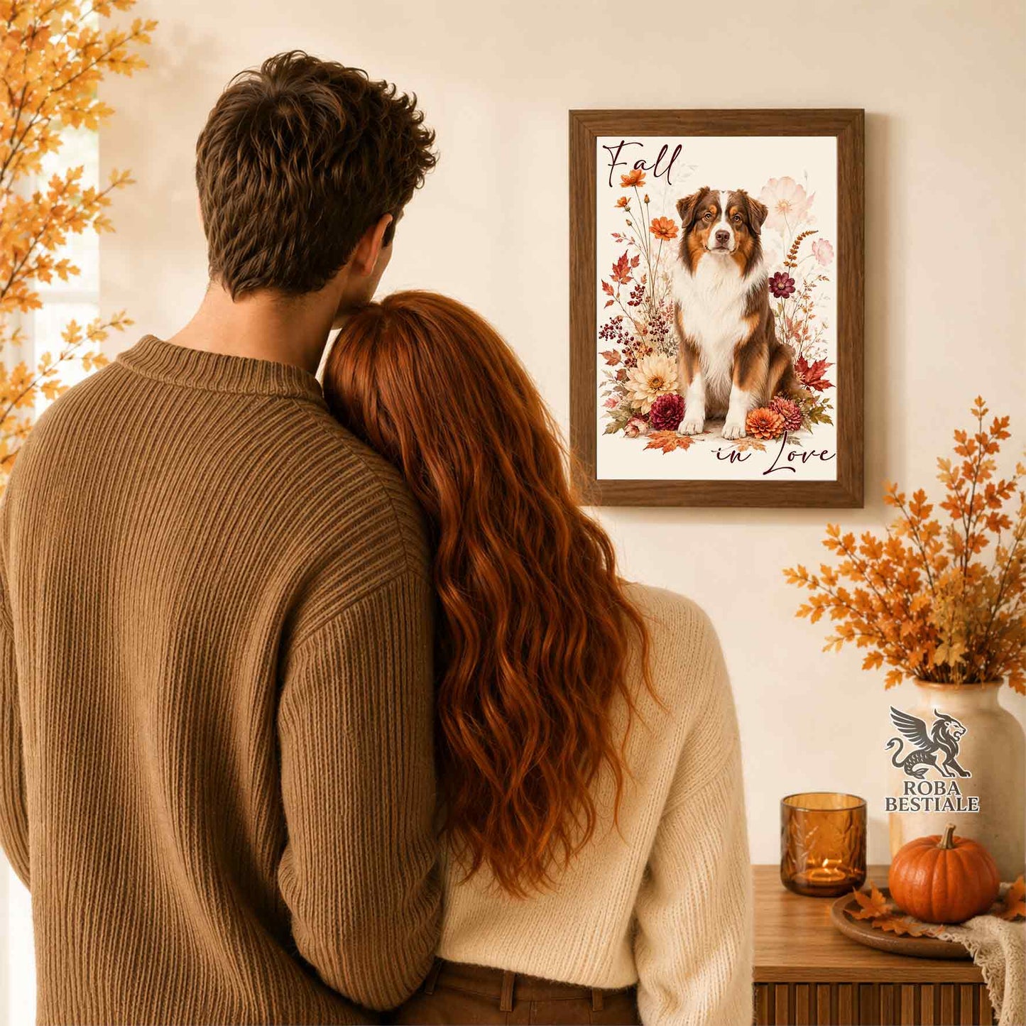 Quadretto con la stampa A4 di un Australian Shepherd seduto in mezzo a fiori e foglie autunnali. Grafica originale Roba Bestiale, collezione Fall in Love