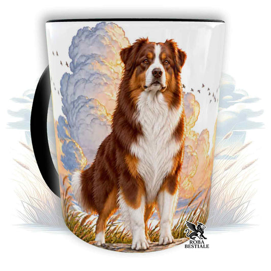 Tazza bianca con cane pastore australiano tricolore e stampa paesaggio
