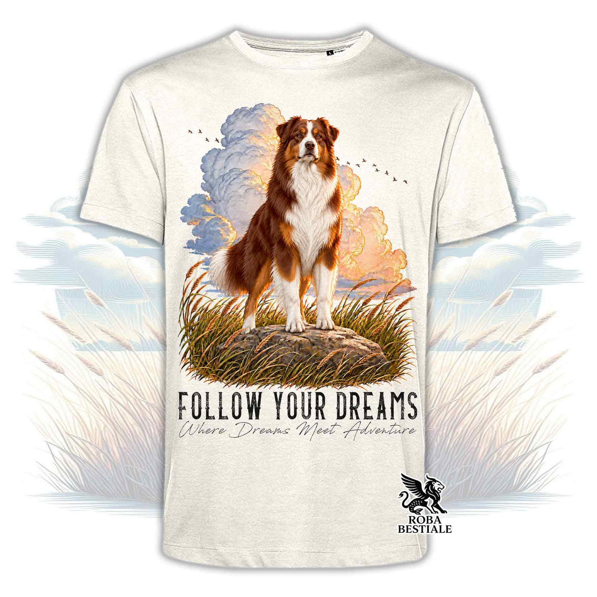 T-shirt beige stampata con un Australian Shepherd. Grafica originale Roba Bestiale, collezione Dream