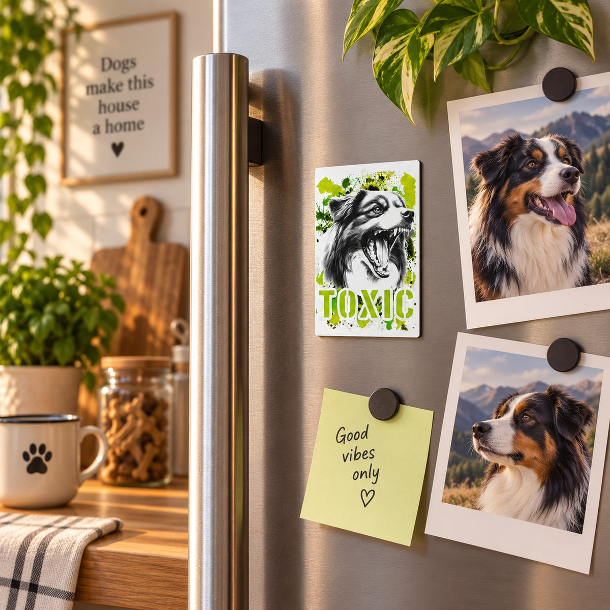 Calamita in MDF con la stampa di un Australian Shepherd. Idea regalo per amanti dei cani, da Roba Bestiale