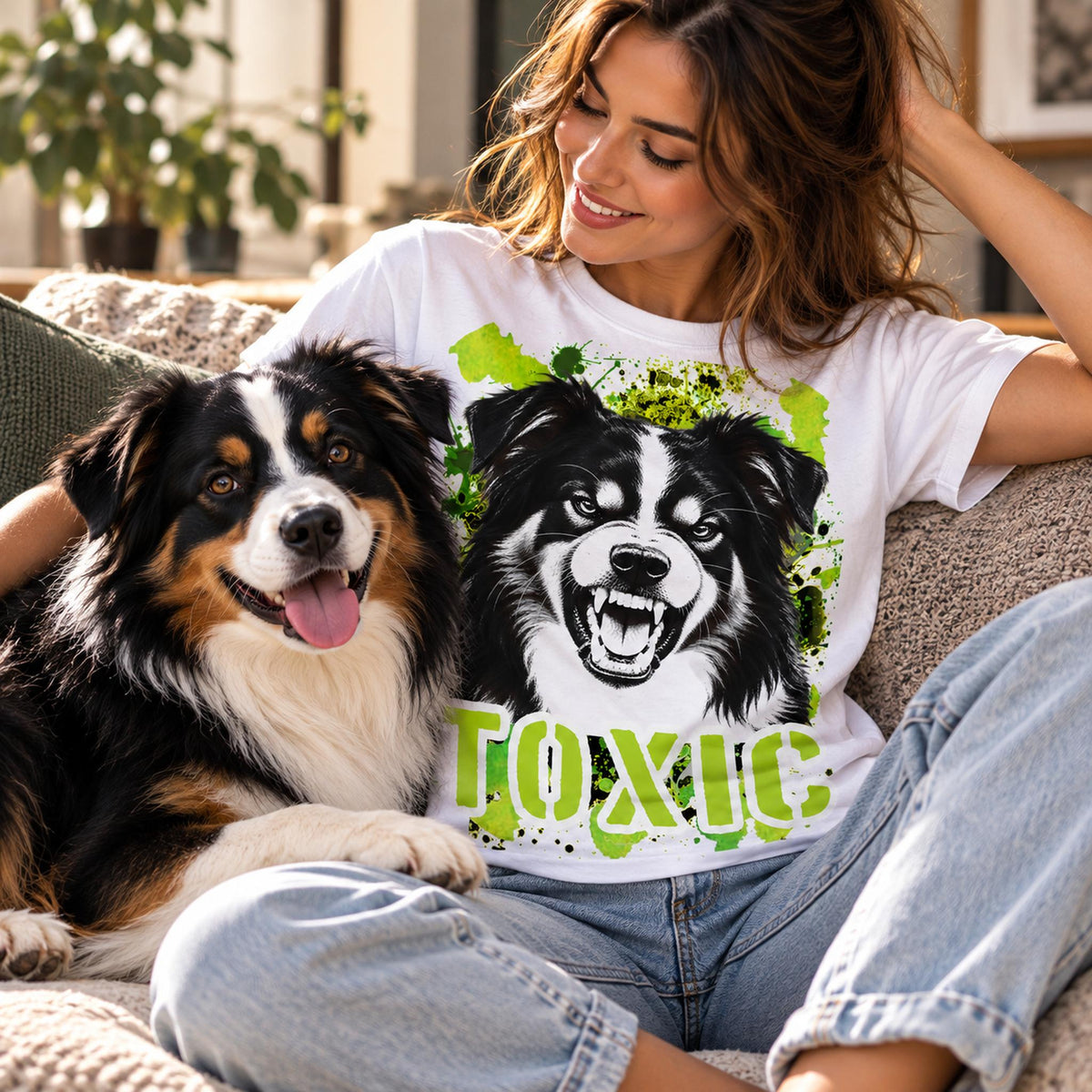 T-shirt bianca stampata con un Australian Shepherd con espressione arrabbiata. Grafica originale Roba Bestiale, collezione Toxic