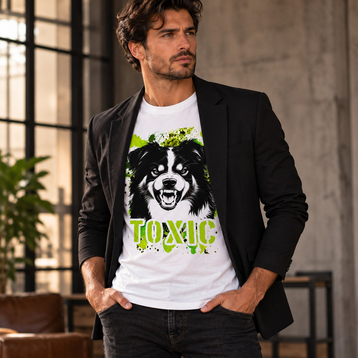 T-shirt bianca stampata con un Australian Shepherd con espressione arrabbiata. Grafica originale Roba Bestiale, collezione Toxic